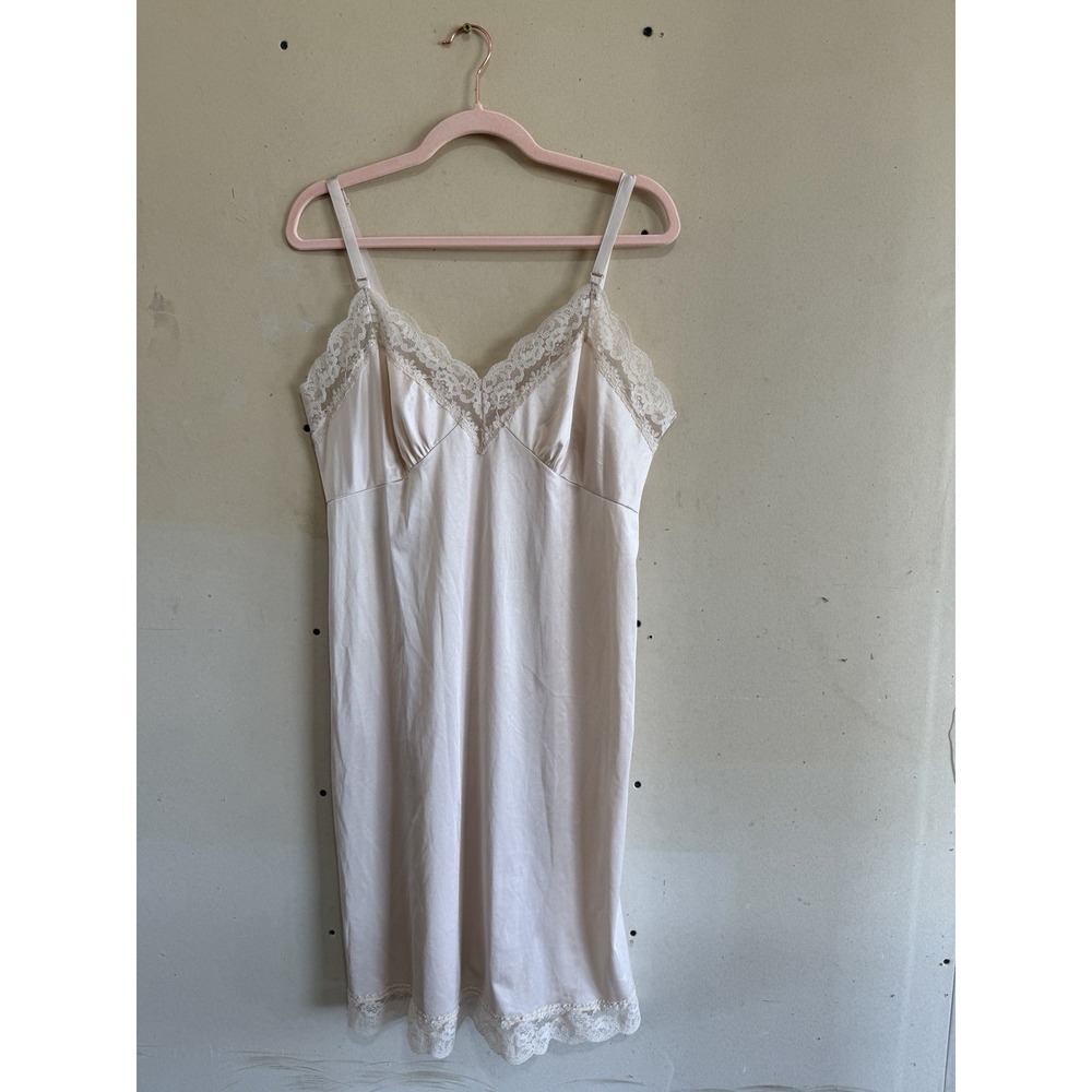 Vintage 60s 70s Champagne Nylon Full Slip Dress Lace Trim Lingerie Coquette S